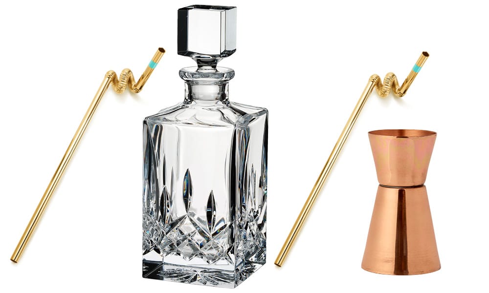 Left: “Crazy Straw” from Tiffany’s Everyday Objects, available in sterling silver ($340) or 18 karat gold ($475). Centre: The Waterford Lismore cut-crystal spirits decanter, $370. Right: Hammered copper jigger ($16) from Indigo.